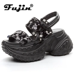 Fujin 8cm sintetico donna Casual alta piattaforma sandali con zeppa elastico estate marca Bling Peep Toe scarpe moda pantofole Hollow