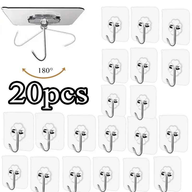 5/10/20pcs Adhesive Hooks for Hanging on Wall or Ceiling, Heavy Duty, Clear, Damage Free, Stick on Hangers for Kitchen Bathroom