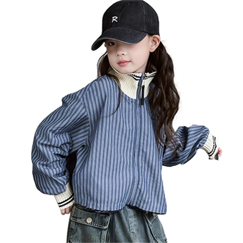 Tweens Child Vertical Striped Zip-Up Collar Jacket for Girls Trendy Street Style Outfit Teenager Kids Spring Fall Clothing Coat