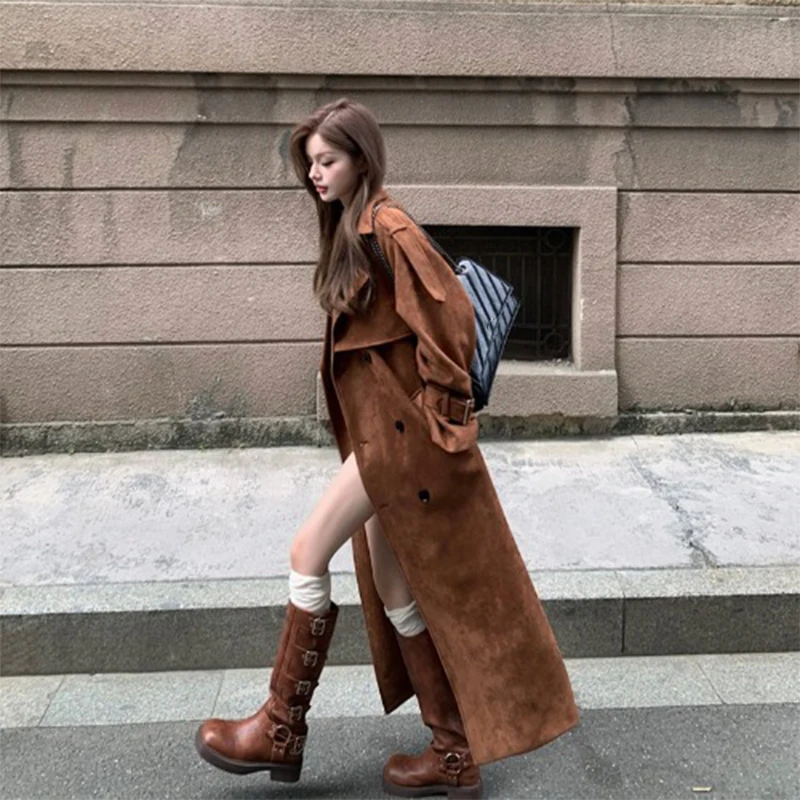 2024 Women\'s Autumn and Winter New Vintage Trench Coat Reversible Suede Coat Loose Tweed Long Jacket Mirad Wear Women\'s Clothing