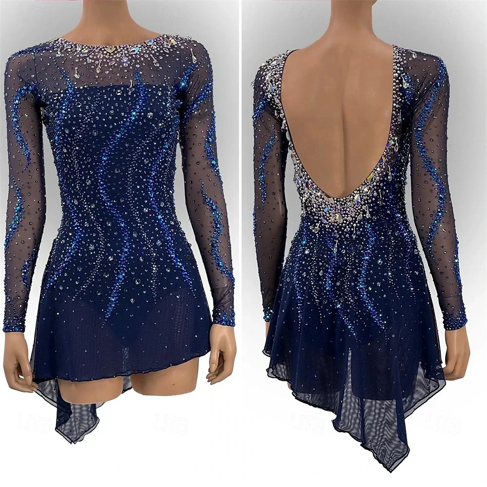 

Платье для катания на коньках для девочек, сетчатая высокоэластичная тренировочная одежда для соревнований по фигурному катанию, классическая одежда с длинными рукавами и кристаллами/стразами