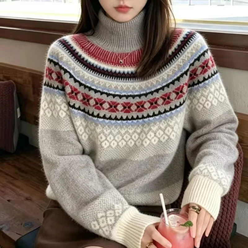 Feld Island Semi-high Neck Cashmere Sweater Women's Fall/Winter New Loose Head National Style Knitted Bottom Shirt