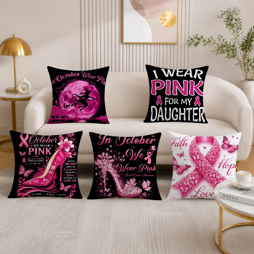 In October We Wear Christmas Pink Ribbon Cushion Cover Soft Pillowcase Double Sided Sofa Home Living Room Decor Bed Hogar Gift