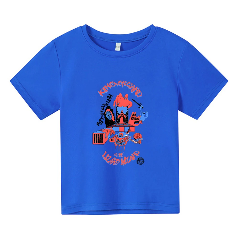 T-shirt imprimé King Gizzard & The Lizard Wizard pour enfants, manches courtes, coton, Kawaii, garçons, filles, enfants, drôle