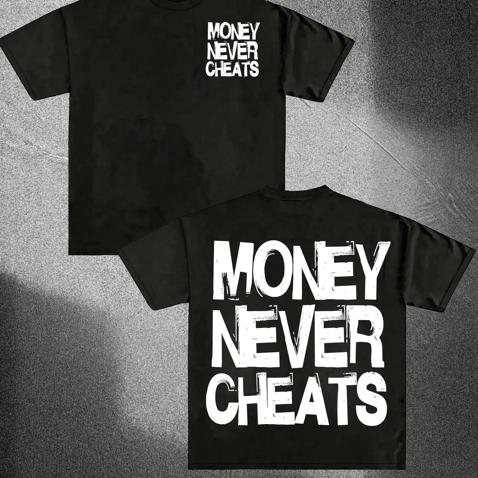 Money Never Cheats Graphic Cotton T-Shirt for Men Royal Blue Casual Round Neck Short Sleeve Unisex Loose Fit Versatile Style