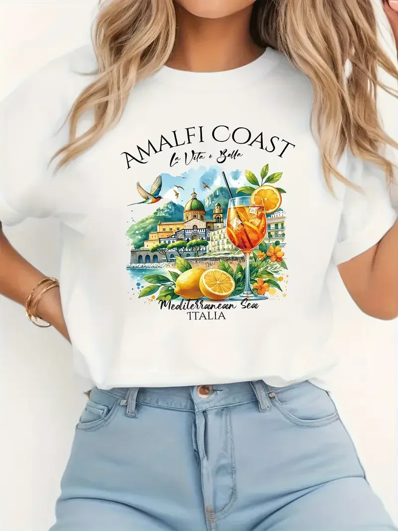Camiseta con cuello redondo y estampado de limón de la costa Amalfi para mujer, pantalón corto informal de manga con estampado de letras, camiseta superior para primavera y verano