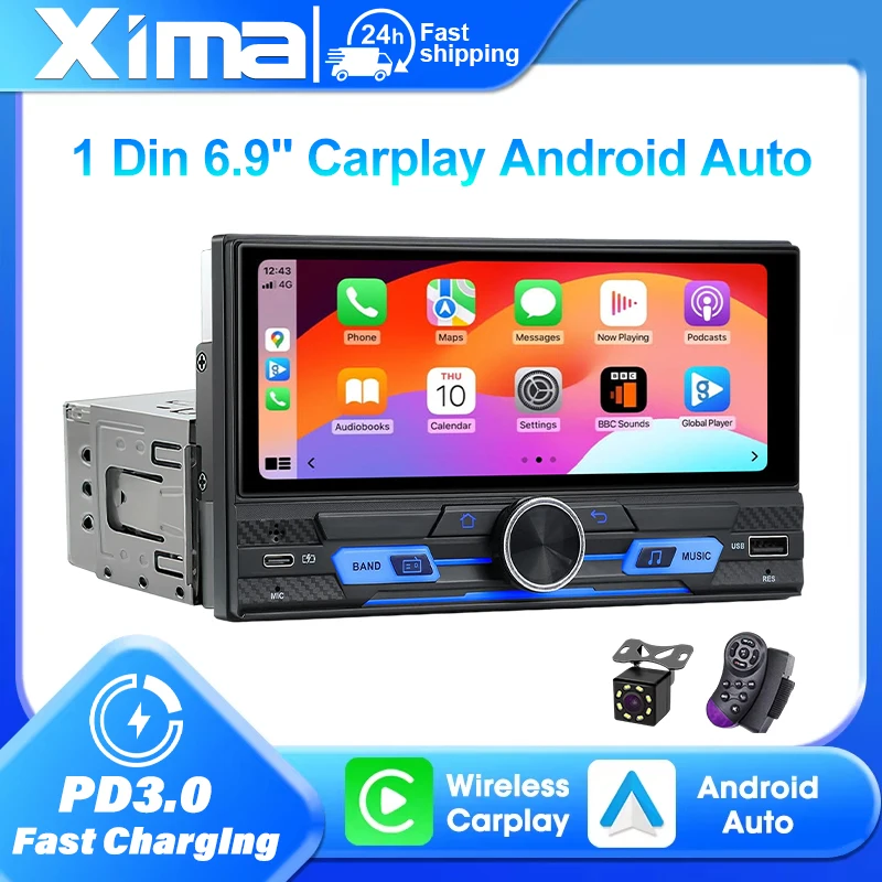 

IPS 6.9 Inch Touch Screen 1DIN Wireless Wired CarPlay Android Auto Car Radio MP5 MP3 Player Car Stereo GPS Type C Fast Charger