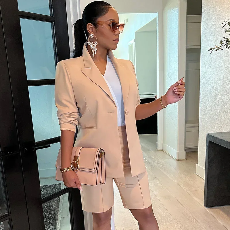 Solid Casual Two Piece Set for Women Matching Sets Outfits Long Sleeve Blazer Coat and Shorts Office Lady Elegant Business Suits