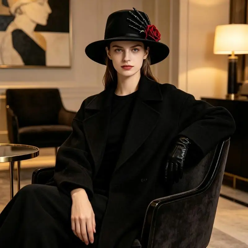 Gothic Costume Hat with Skeleton Hand and Rose Flower, Wide Brims Hat for Halloween Parties, Cosplay, and Photo Styling Y08E