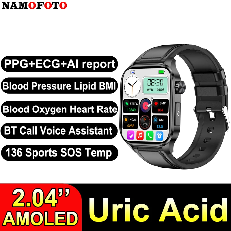 

Men Women Sports Fitness Smart Watch 2.04" AMOLED Clock ECG PPG Temperature BT Call Reminder BO Heart Rate Monitor Smartwatch