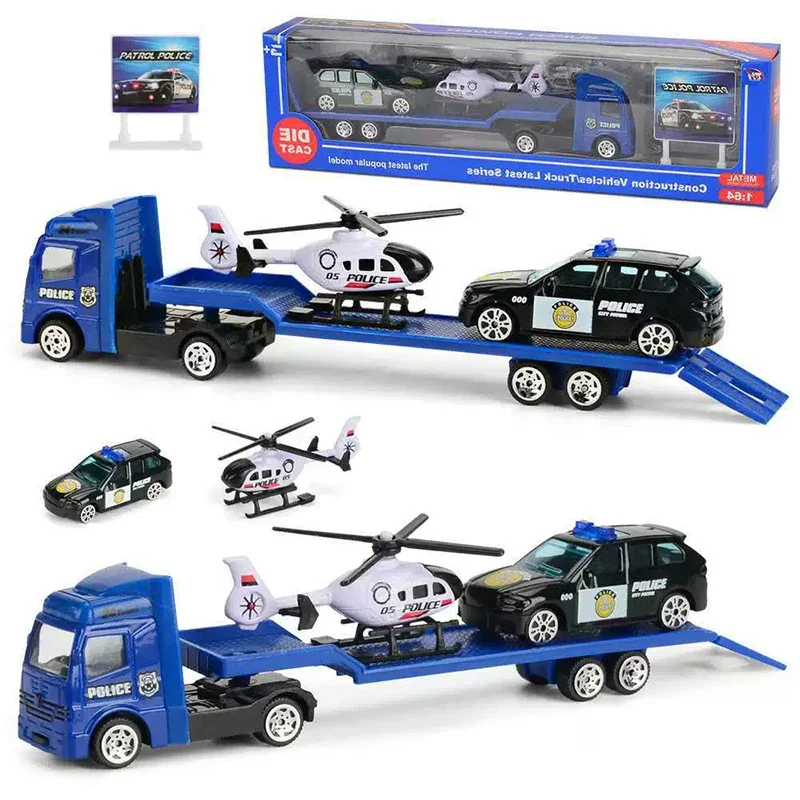 1/64 Esaierr Kids Car Toys Baby Police Trucks Toy Playset Included Flatbed Trailer Helicopter & Suv Birthday Toddler Gift For