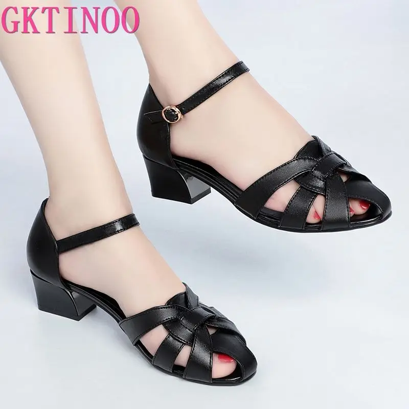 GKTINOO Summer Women Sandals 2024 New Large Size Comfort Med Heel Sandals Closed Toe Shoes Woman Genuine Leather Fashion Sandals