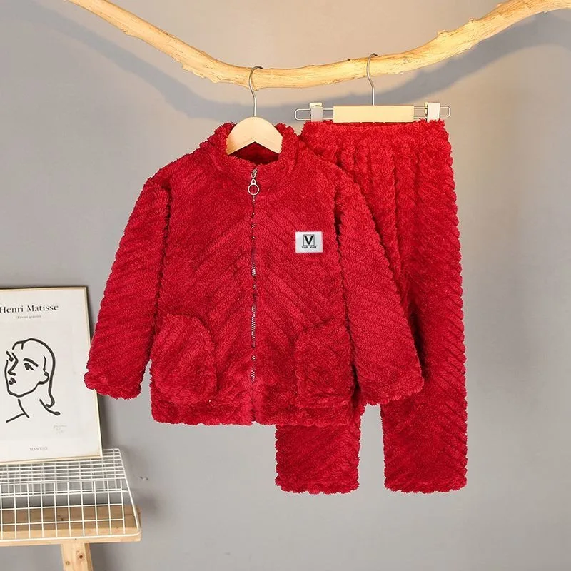 Autumn Winter 2025 New Kids Flannel Pajamas Thickened Fleece Thermal Set Toddler Big Kids Cozy Home Wear