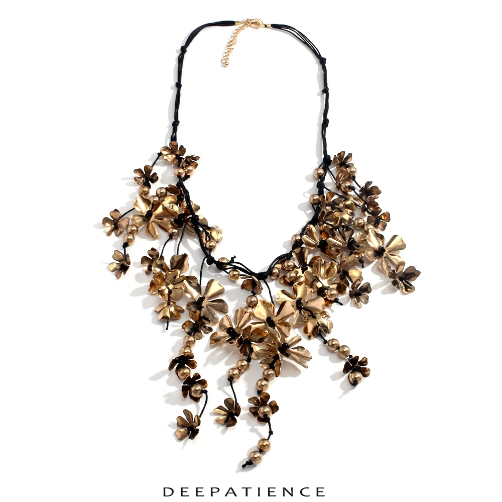 

DEEPATIENCE Vintage Floral Rope Necklace Handmade Metal Flower Pendant Adjustable 62+7cm 64g Bohemian Jewelry for Women