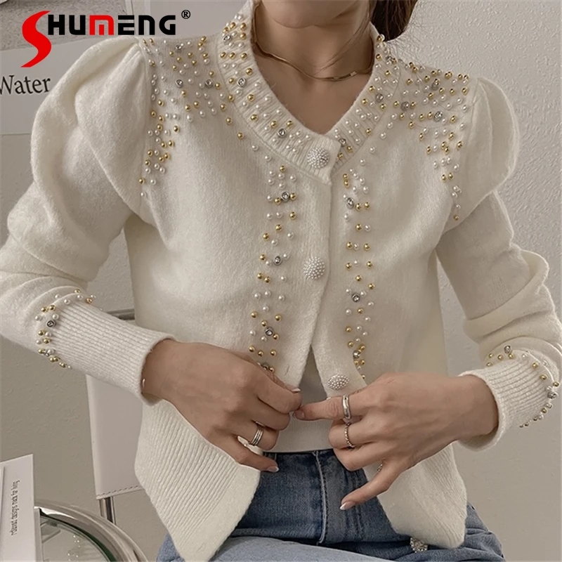 

Fashion Chic 2024 Autumn Winter Feminine Knitwear Round Neck Beaded Long Sleeve Knitted Sweater Women's Thickened Sweater Jacket