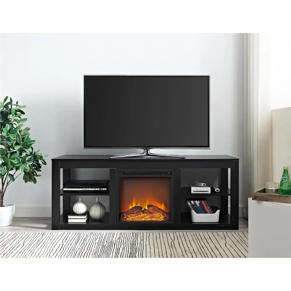 Black TV Stand com lareira, lareira elétrica doméstica, decoração, 65"