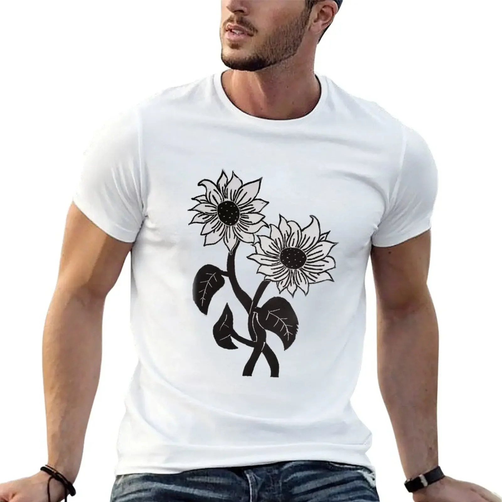 Sunflower Greyscale Linoleum Block Print T-Shirt custom t shirt Aesthetic clothing mens vintage t shirts