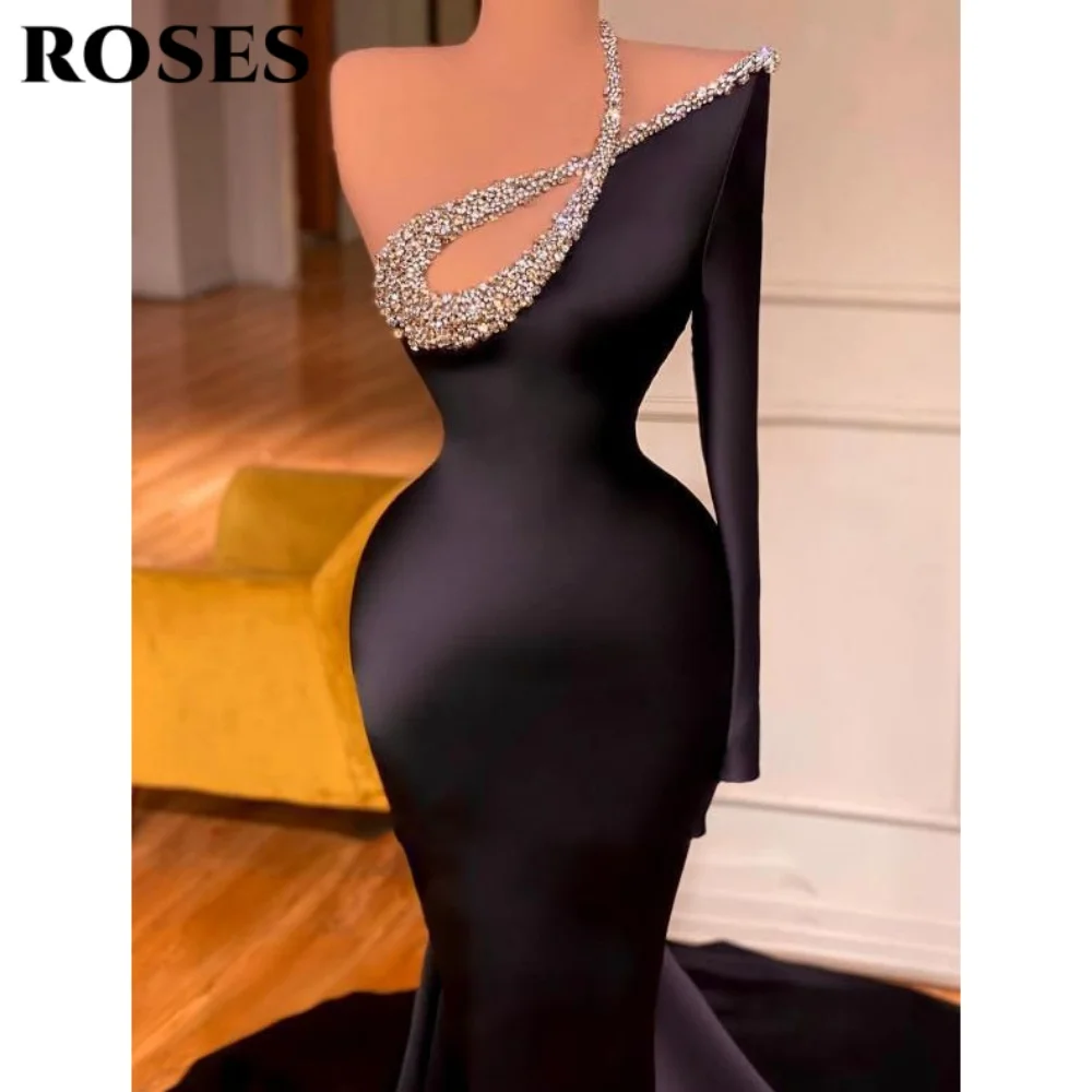 ROSES Black Sexy Prom Dress One Shoulder Backless Celebrity Dresses for Woman Shiny Satin Beaded Evening Gown abiti da cerimonia