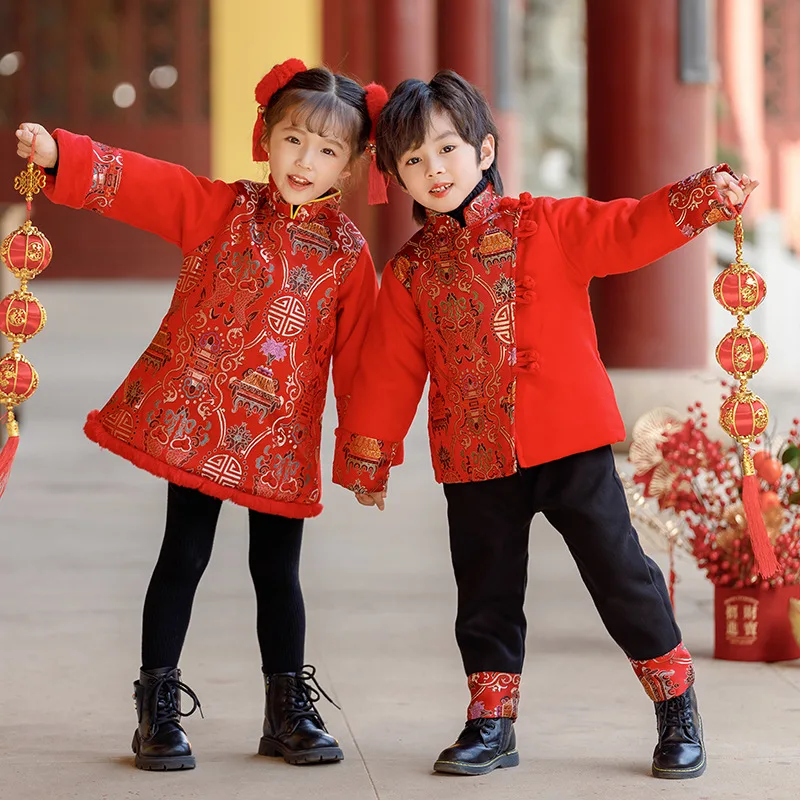 Téli gyerekek Új Esztendő ruhák gyerekeknek lányok ruhát Csípős íz Angol kosztüm cheongsam hanfu ruhát fiúk Bronzszínű kabátok Csípős íz Angol kosztüm