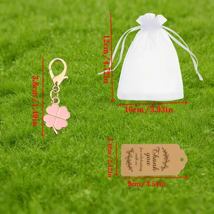 1/5/10/20/50/100pcs units/20 sets Pink Four-Leaf Clover Keychains Party Favors Gift Set White Mesh Bag + Thank-You Tag Birthday