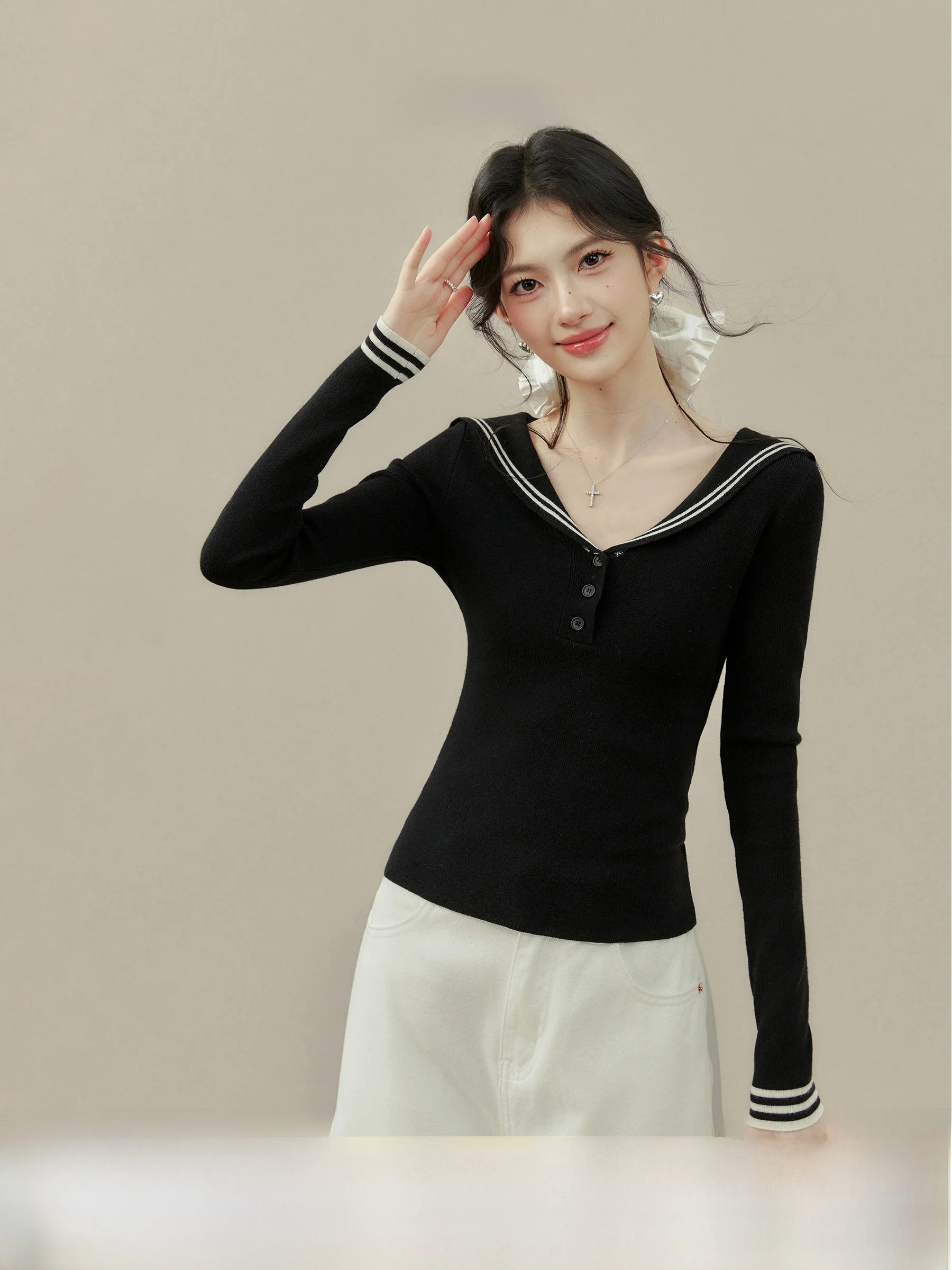 

Вязаная кофта Ele Long Sve с темно-синим воротником, весенняя новинка, приталенная, больших размеров, модная женская внутренняя одежда от Wang Xueng