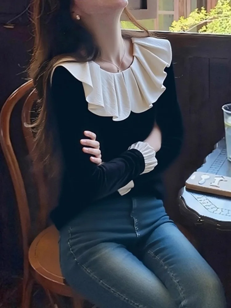 Black Velvet Shirt Women's Unique Leaf  Design Not Matched with Others Age-Defying Long Sleeve round Neck Daily Wear