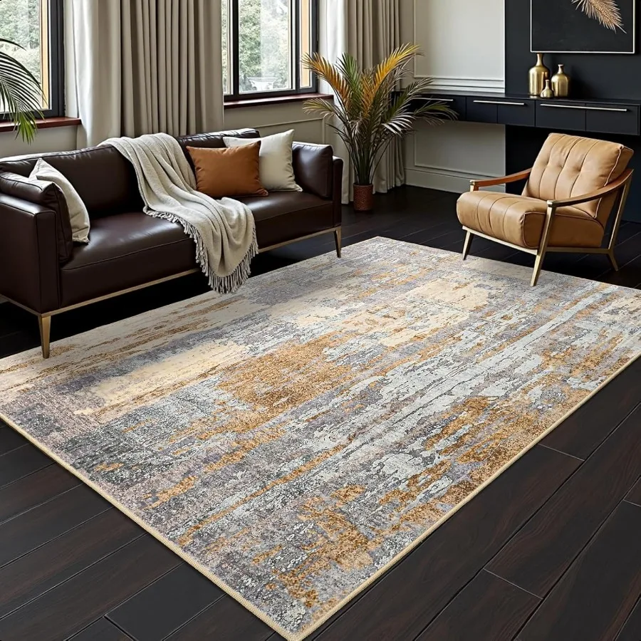 

Abstract Area Rug Modern Washable Rug Soft Non Slip Rug Low Pile for Bedroom Living Room Dining Room Camel 4x6 Feet