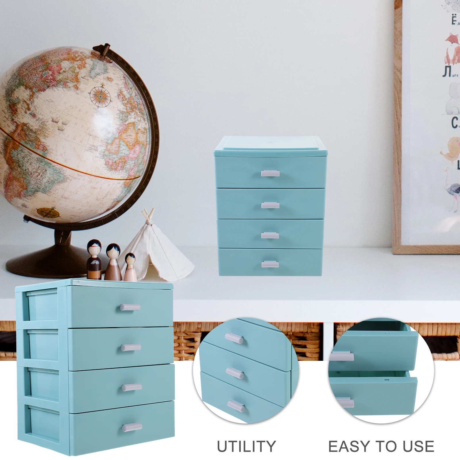 

Tiered Drawer Desktop Organizer Blue Plastic Storage Box Desktop Stationery Organizer Multi-Function Office Storage Case