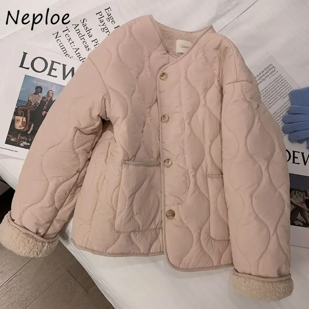 Neploe Berber Fleece Panelled Sweet All-match Parkas 2024 Winter New Warm Women Clothing Korea Elegant Chic Plaid Casual Jacket