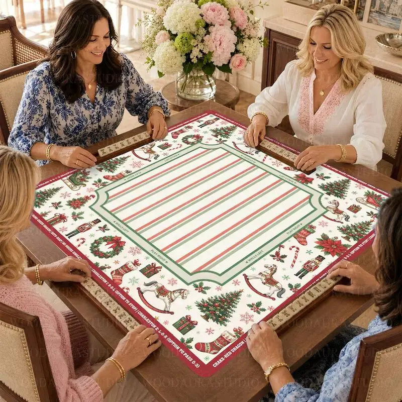 VIKAMA Christmas Mahjong Mat Red Green Stripe Non Slip Table Cover For Mahjong Poker Card Game Family Party Holiday Decor