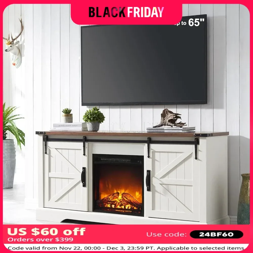 TV Stand for 65+ Inch TVs with Sliding Barn Door & Storage Shelves, 18