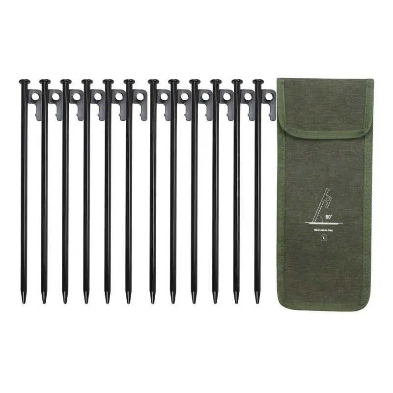 Camping Tent Pegs 12 Pcs Portable Outdoor Garden Metal Ground Pegs Camping Tent Stake Pegs With Carrying Bag for Camping Hiking