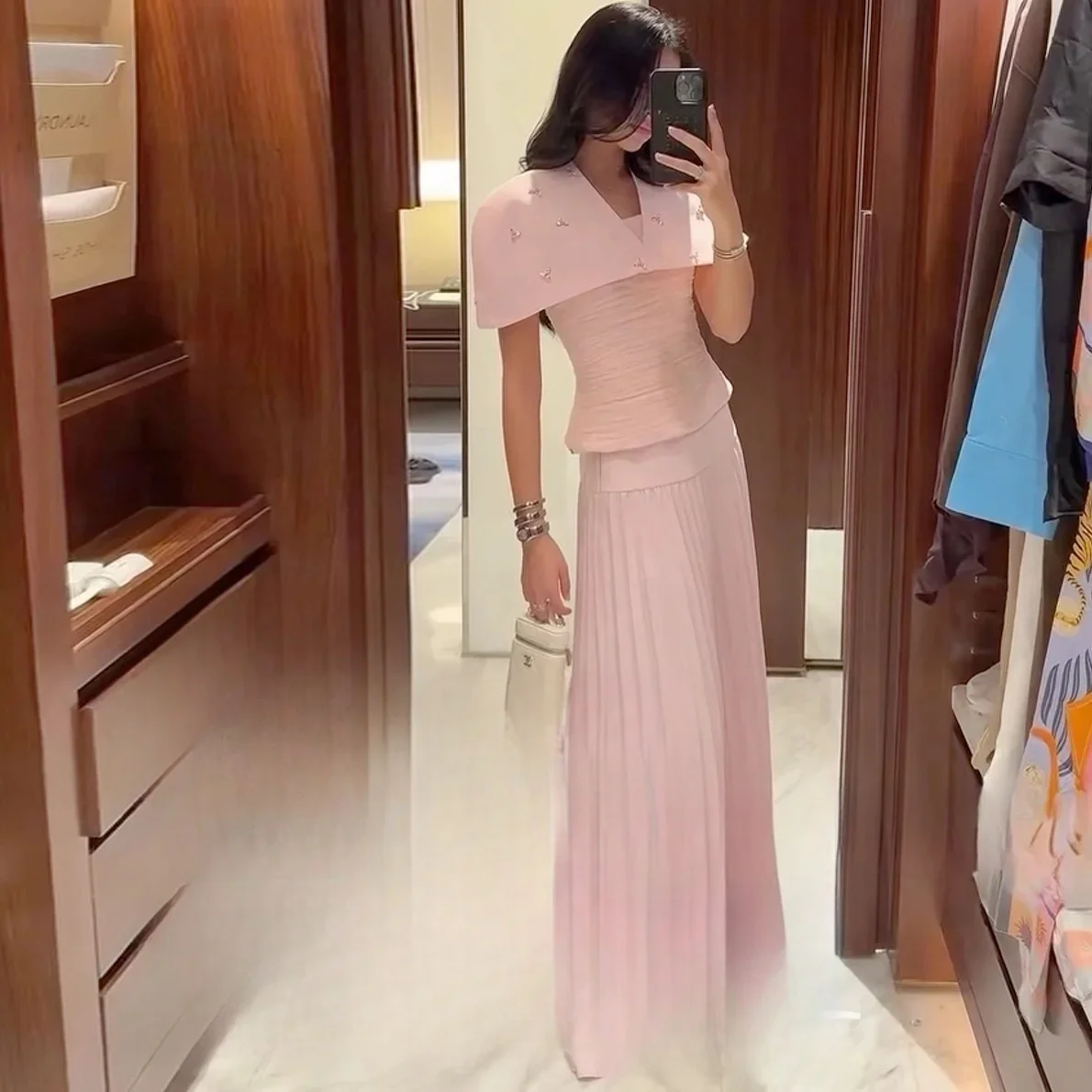 

Pink Chiffon Beaded Long Bespoke Occasion Gown Evening Dresses Pastrol Unisex Jersey Retro Dubai Saudi Arabic Prom Customized