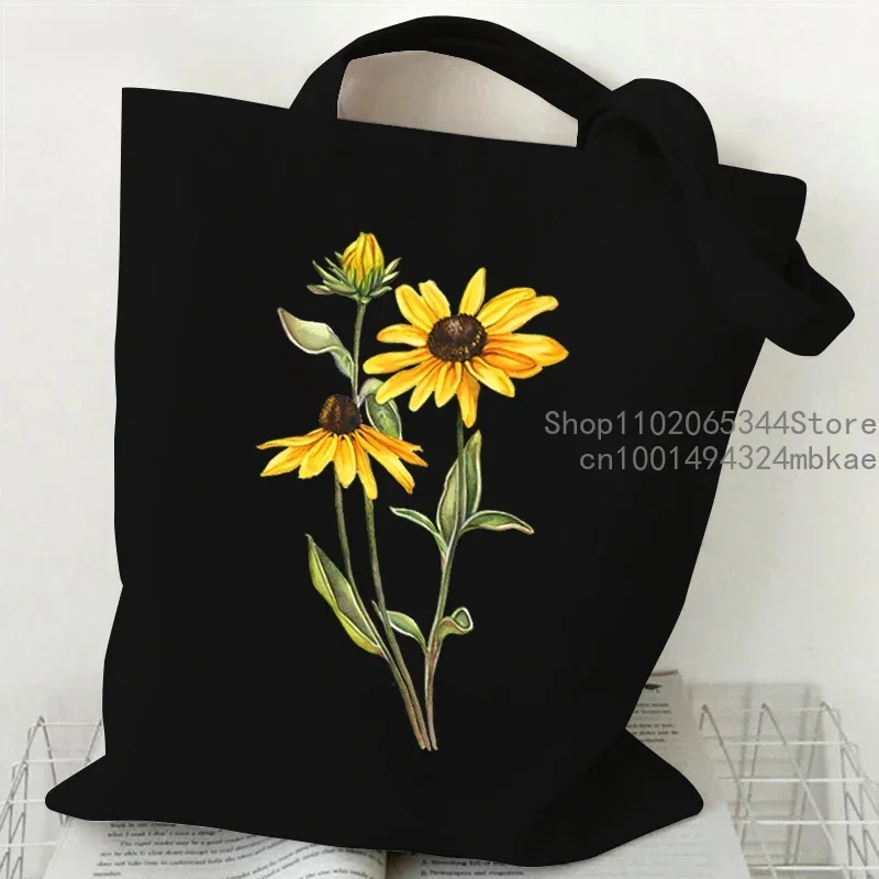 Fashion Canvas Tote Bag Oil Painting Wildflowers Print Lady Shoulder Shopping Bag Plant Style Daisy Vintage Flower Women Handbag