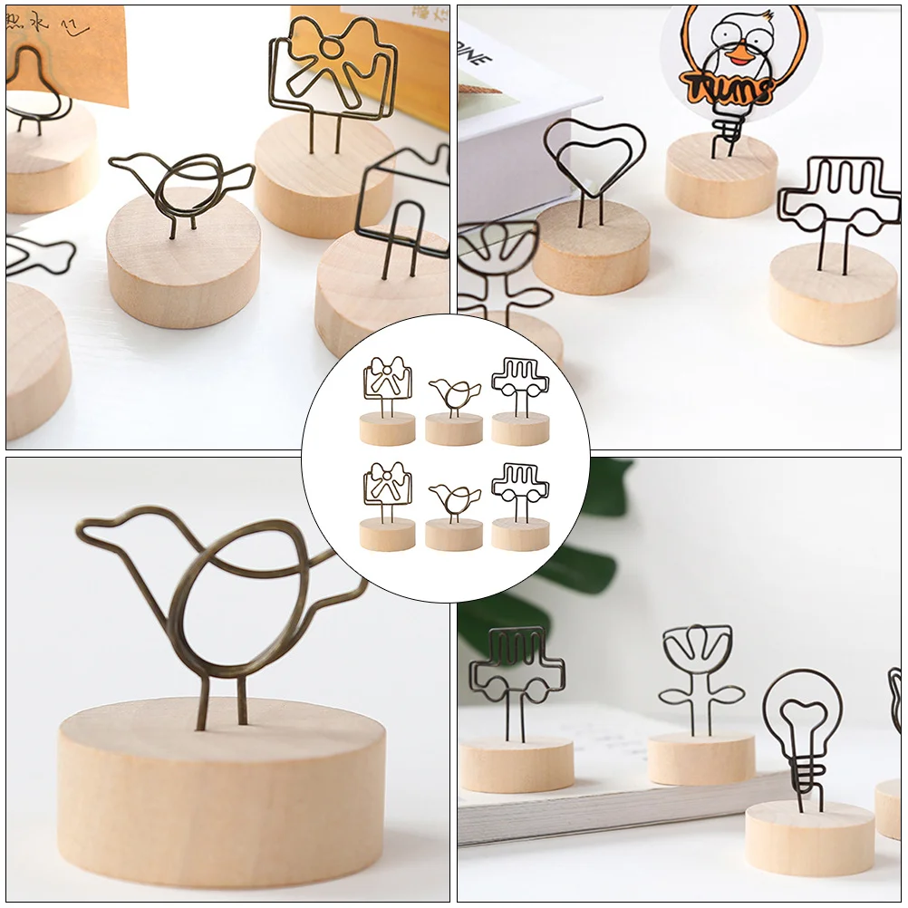 6pcs Photo Display Clamps Creative Wooden Steel Memo Clips Desktop Photo Storage Note Stands Message Holders Decorative
