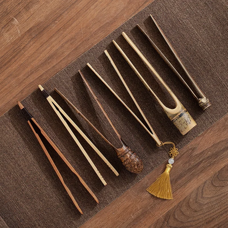 Clips para tazas de té antiescaldado, juego de kungfú, accesorios, pinzas para hojas, Clip de bambú, pinzas individuales para azúcar de raíz Natural, utensilios para té de cocina