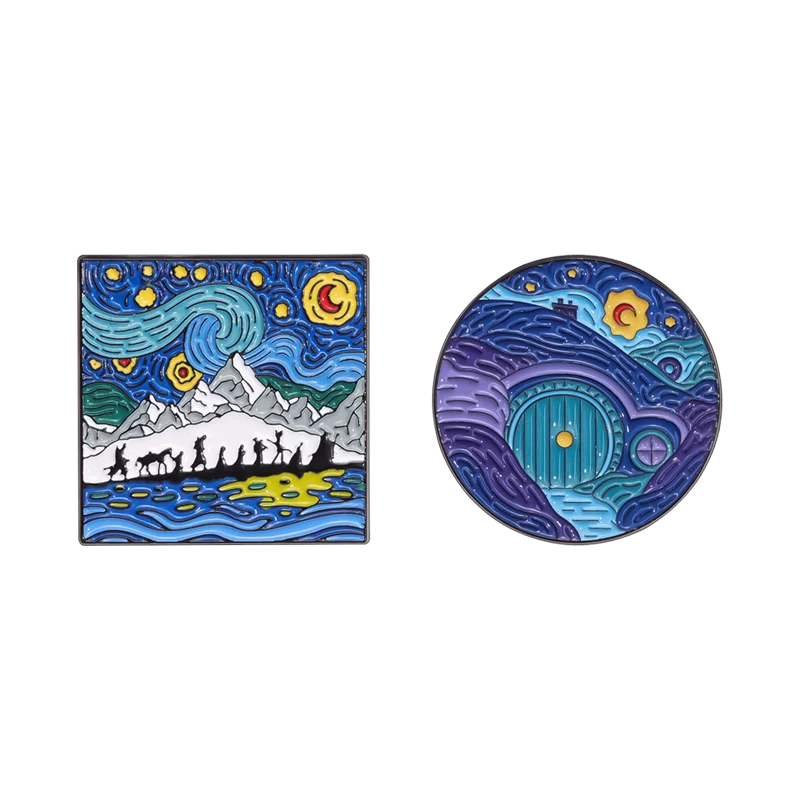 Van gogh pintura a óleo esmalte pino criativo anime noite céu estrelado arte metal broches lapela crachá jóias presentes para amigos