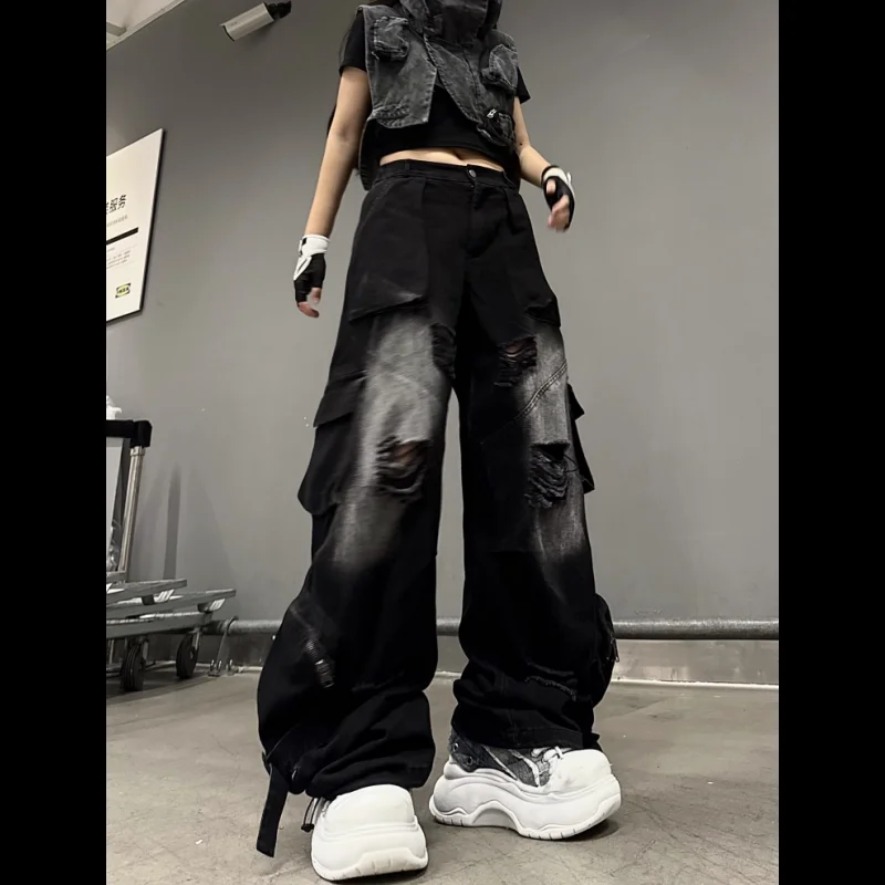 Womens Black Washed Ripped Cargo Jeans Wide Leg Denim Pants Edges Multiple Pockets for Punk Hip Hop Dance Performances