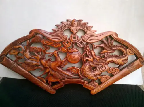 

Chinese solid wood carving hollowed-out dragon and phoenix background wall decoration porch living room wall ornaments