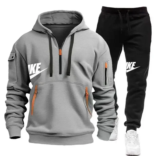

Fashionable outdoor men's casual sportswear set, new autumn and winter multi-pocket men's pullover hoodie + pants 2-piece set