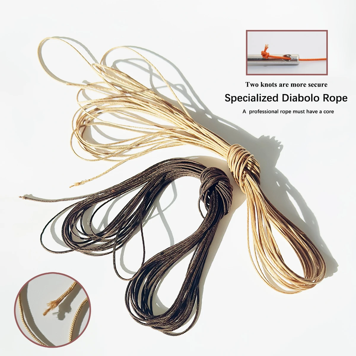 Corda, cabo, cordas especializadas para diabolo têm uma corda especial para diabolo com núcleo de fibra e fio de nylon
