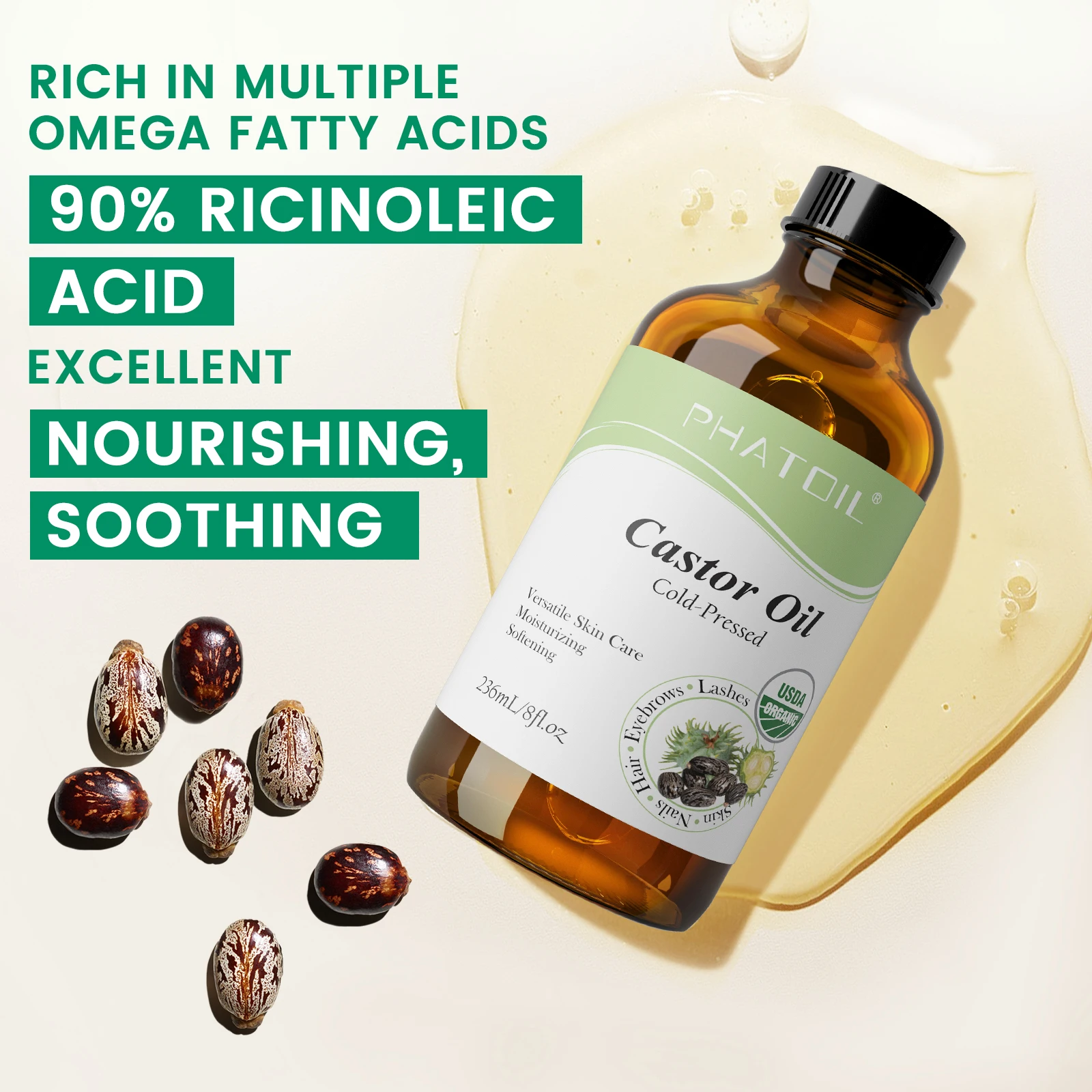 PHATOIL 236ml Cold-Pressed Castor Oil 100% Pure and Natural Organic Castor Oils For Hair Growth, Eyelashes, Eyebrows,Hexane-Free