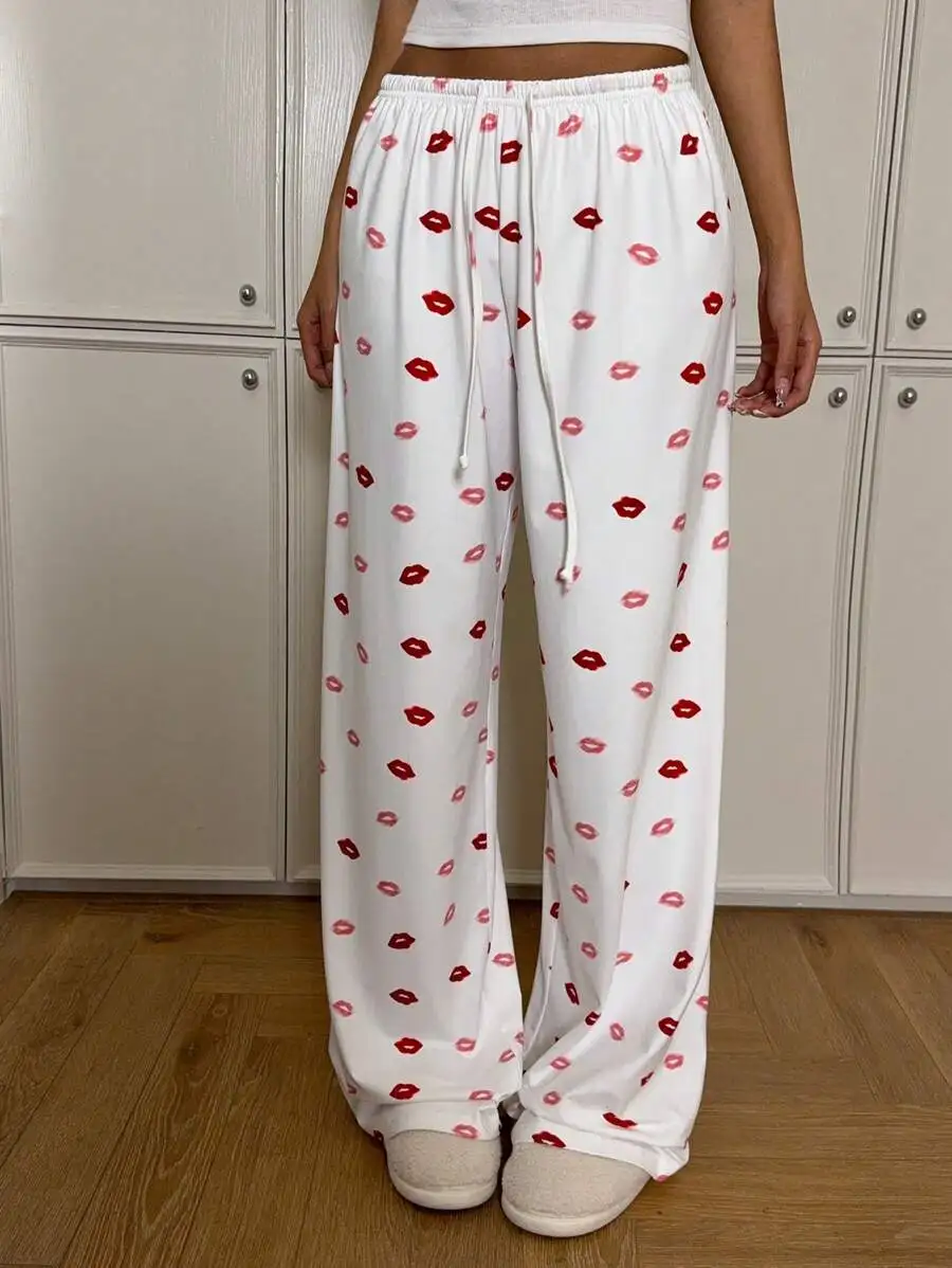 

Women Wide Leg Lounge Pants With Lip Print Casual Comfortable Drawstring Waist