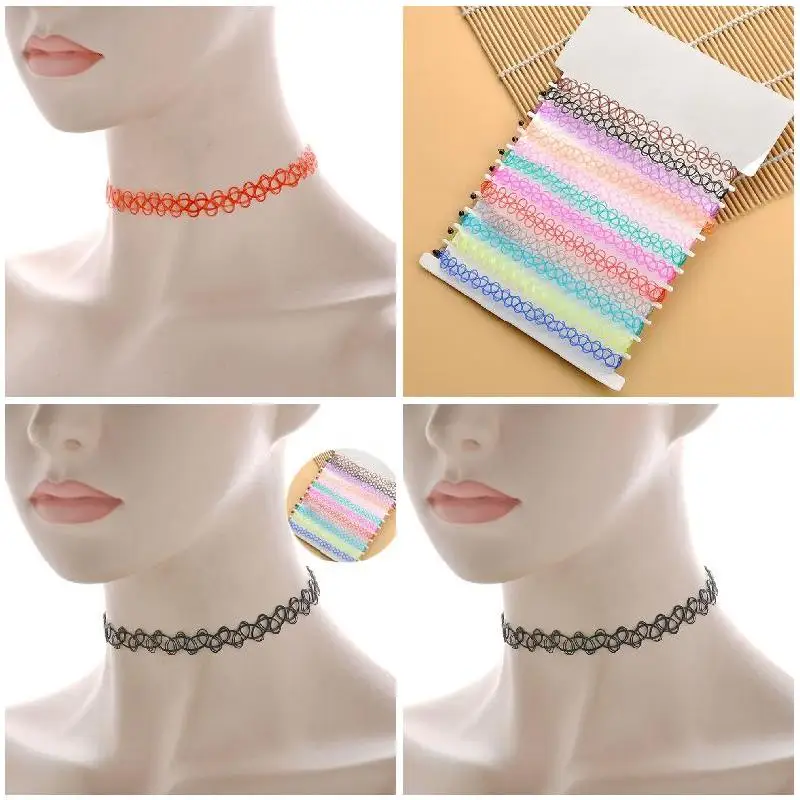 12Pcs Vintage Stretch Choker Necklace Women Stretch Tattoo Necklaces Suitable for Birthday Elastic Party Girl Neck Decoration