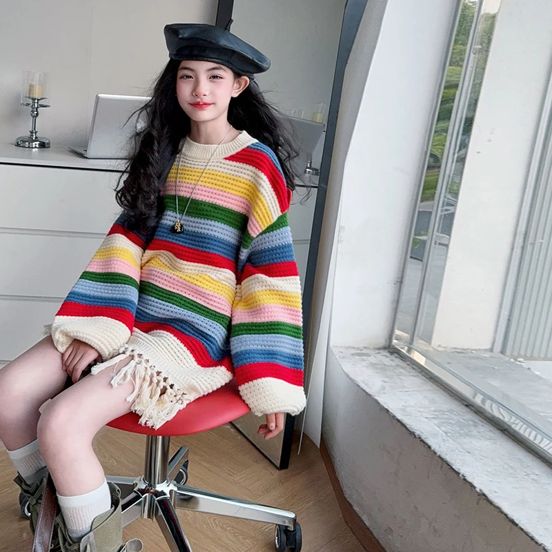 

Kid Sweater Age 4-14Y Baby Girl Casual Fashion Spring Autumn Knitwear Tween Rainbow Colorful Outfit Child Korean-Style Pullover