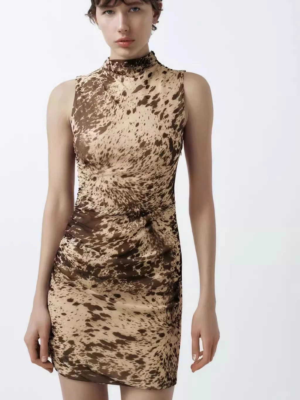 Wiosna 2025 Nowa Damska Dopasowana Spódnica z Jedwabnej Siateczki w Leopardzi Wzór ze Zwierzęcym Motywem, Okrągły Dekolt, Krój A-Line