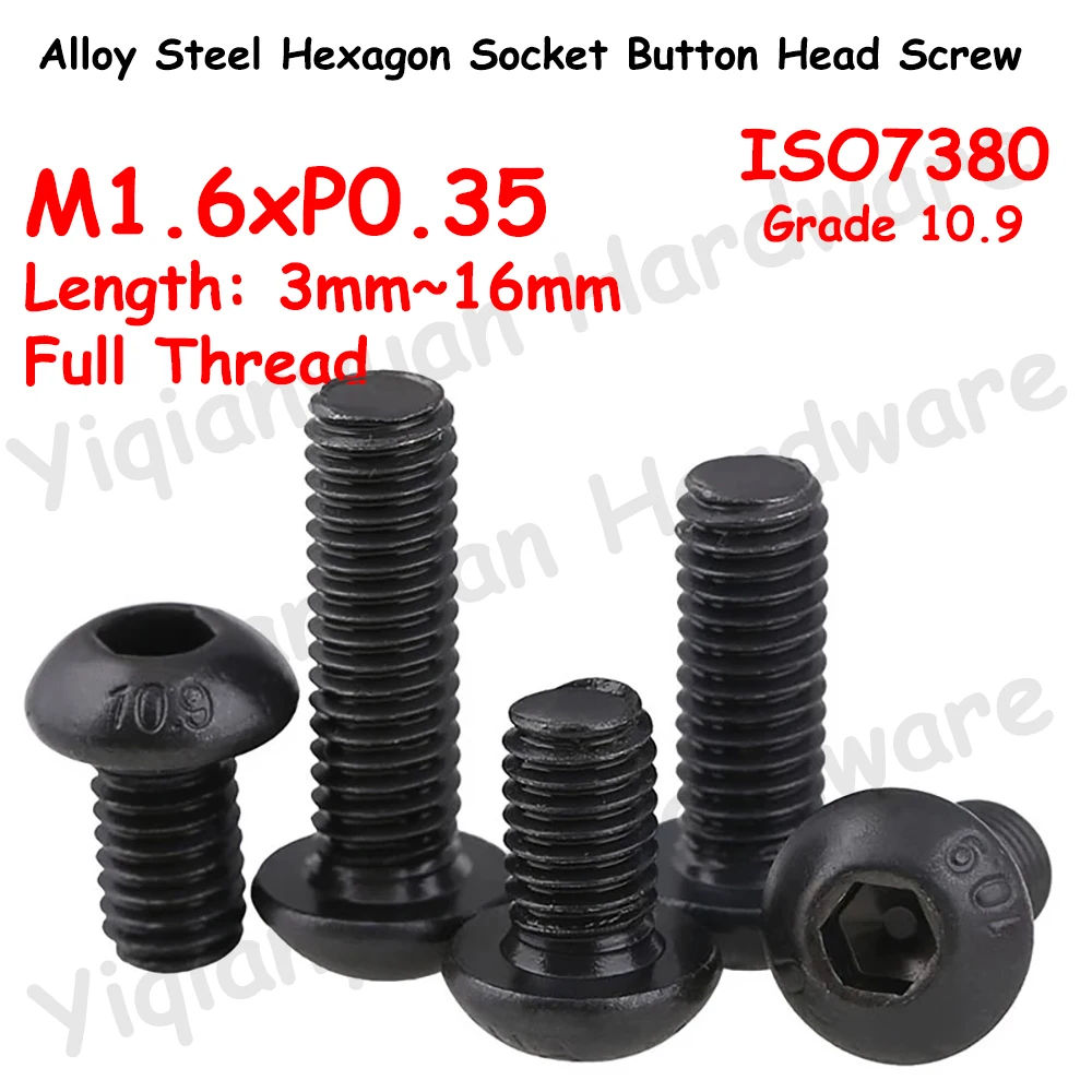 

Yiqianyuan ISO7380 M1.6xP0.35 Coarse Thread Hexagon Socket Button Round Head Tiny Screws Grade 10.9 Alloy Steel Allen Key Bolts