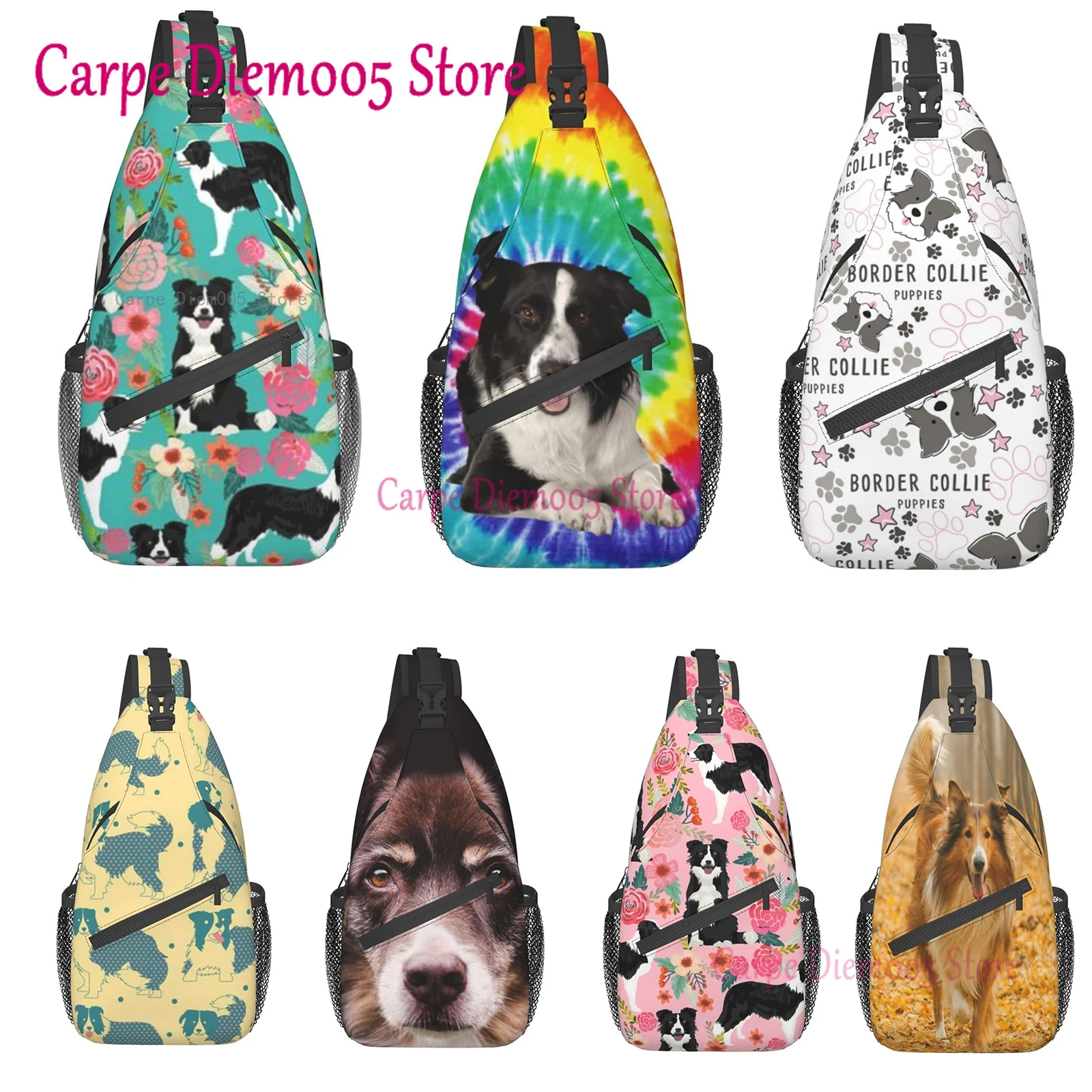 Border collie florais crossbody corda triângulo mochila canfeng sling mochilas viagem caminhadas daypack corda crossbody bolsa de ombro