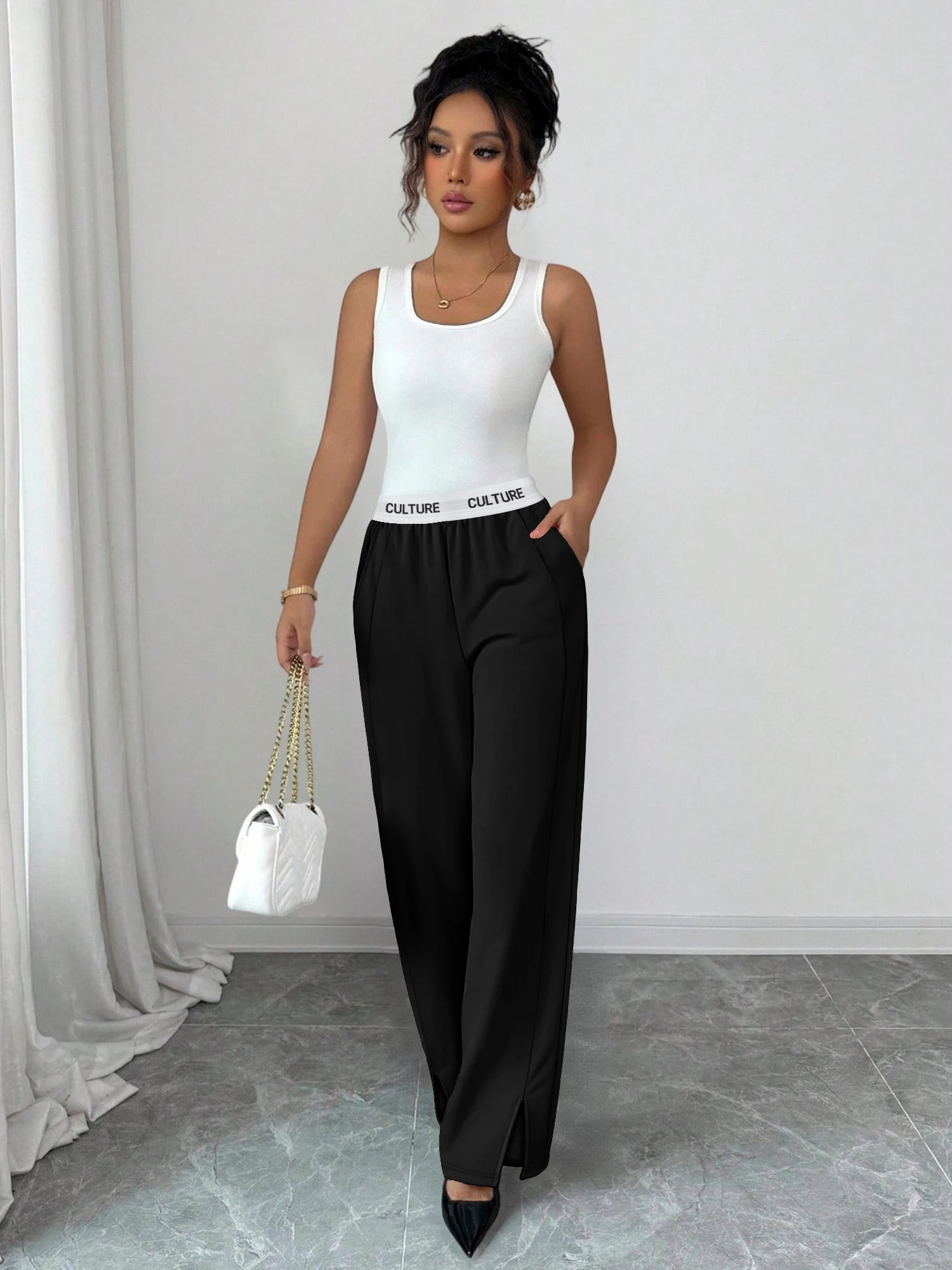 Letter Elastic Waist Wide Leg Pants For Women Split Hem Loose Straight Sweatpants High Waist Casual Sport Trousers With Pockets