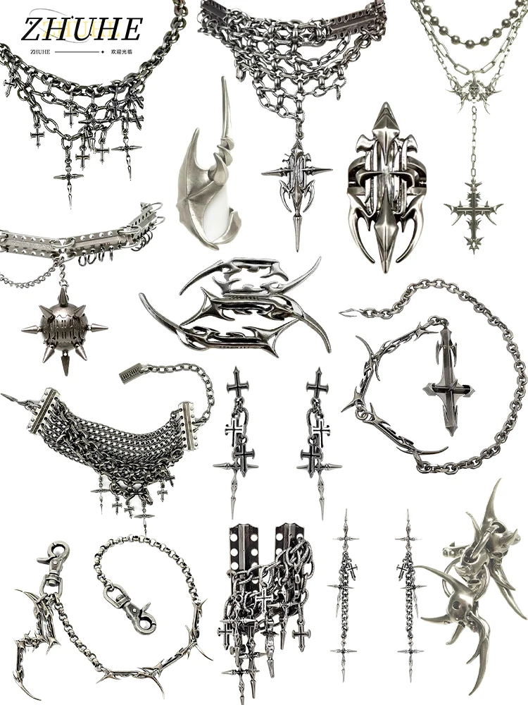 Gothic Cross Chain Jewelry Set for Women Men, Punk Statement Necklaces Rings Accessories, Edgy Party Jewelry Collection